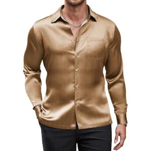 imageCOOFANDY Mens Luxury Satin Dress Shirt Shiny Silk Long Sleeve Button Up Shirts Wedding Shirt Party PromGold