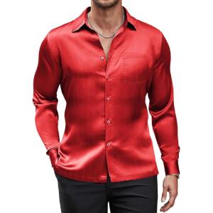 imageCOOFANDY Mens Luxury Satin Dress Shirt Shiny Silk Long Sleeve Button Up Shirts Wedding Shirt Party PromRed