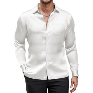 imageCOOFANDY Mens Luxury Satin Dress Shirt Shiny Silk Long Sleeve Button Up Shirts Wedding Shirt Party PromWhite