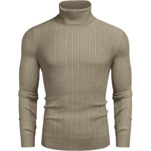 imageCOOFANDY Mens Slim Fit Turtleneck Sweater Ribbed Knitted High Neck Pullover SweatersKhaki