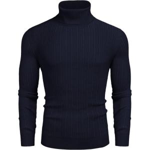 imageCOOFANDY Mens Slim Fit Turtleneck Sweater Ribbed Knitted High Neck Pullover SweatersNavy Blue