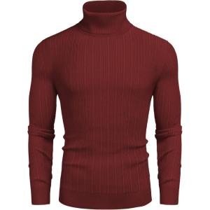 imageCOOFANDY Mens Slim Fit Turtleneck Sweater Ribbed Knitted High Neck Pullover SweatersWine Red