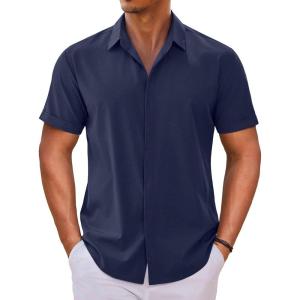 imageCOOFANDY Mens Button Down Shirts Short Sleeve Casual Summer Beach Shirts for Men Vacation Wedding Linen ShirtNavy Blue