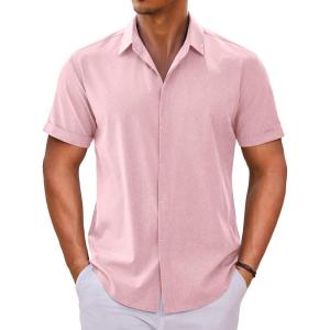 imageCOOFANDY Mens Button Down Shirts Short Sleeve Casual Summer Beach Shirts for Men Vacation Wedding Linen ShirtPink