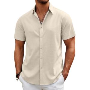 imageCOOFANDY Mens Casual Beach Shirts Short Sleeve Button Down Shirts Summer Vacation Untucked Dress ShirtsBeige