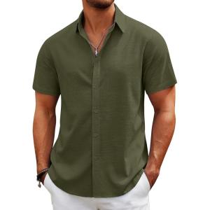 imageCOOFANDY Mens Casual Beach Shirts Short Sleeve Button Down Shirts Summer Vacation Untucked Dress ShirtsDark Army Green
