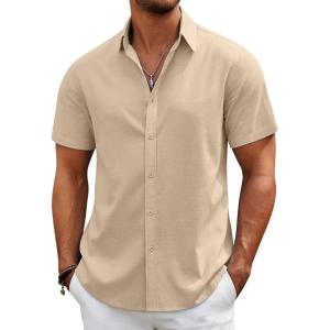 imageCOOFANDY Mens Casual Beach Shirts Short Sleeve Button Down Shirts Summer Vacation Untucked Dress ShirtsKhaki