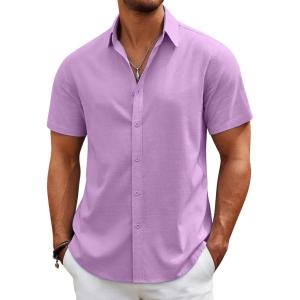 imageCOOFANDY Mens Casual Beach Shirts Short Sleeve Button Down Shirts Summer Vacation Untucked Dress ShirtsLavender
