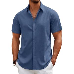 imageCOOFANDY Mens Casual Beach Shirts Short Sleeve Button Down Shirts Summer Vacation Untucked Dress ShirtsNavy Blue