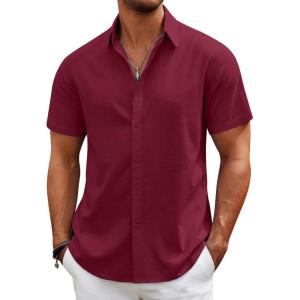 imageCOOFANDY Mens Casual Beach Shirts Short Sleeve Button Down Shirts Summer Vacation Untucked Dress ShirtsWine Red