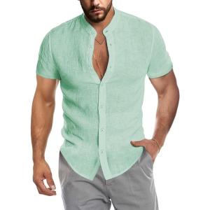 imageCOOFANDY Mens Casual Button Down Shirts Short Sleeve Banded Collar Dress Shirts Solid Summer Beach TopsLight Green