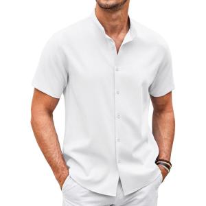 imageCOOFANDY Mens Casual Button Down Shirts Short Sleeve Banded Collar Dress Shirts Solid Summer Beach TopsWhite