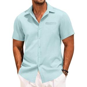 imageCOOFANDY Mens Casual Linen Shirt Short Sleeve Button Down Shirt Summer Beach Hawaiian ShirtsLight Blue