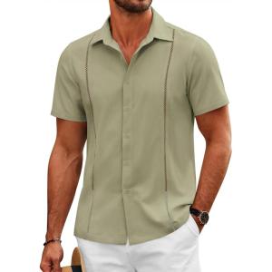 imageCOOFANDY Mens Cuban Guayabera Shirts Short Sleeve Button Down Shirt Lightweight Summer Beach ShirtsArmy Green
