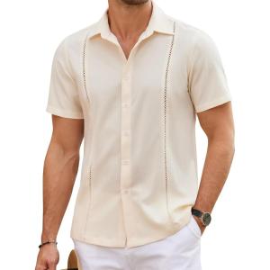 imageCOOFANDY Mens Cuban Guayabera Shirts Short Sleeve Button Down Shirt Lightweight Summer Beach ShirtsBeige