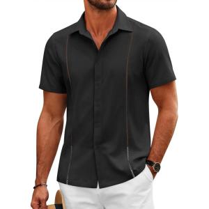 imageCOOFANDY Mens Cuban Guayabera Shirts Short Sleeve Button Down Shirt Lightweight Summer Beach ShirtsBlack