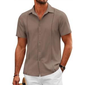 imageCOOFANDY Mens Cuban Guayabera Shirts Short Sleeve Button Down Shirt Lightweight Summer Beach ShirtsBrown