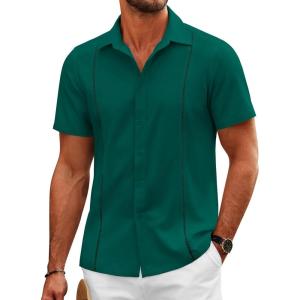 imageCOOFANDY Mens Cuban Guayabera Shirts Short Sleeve Button Down Shirt Lightweight Summer Beach ShirtsDark Green