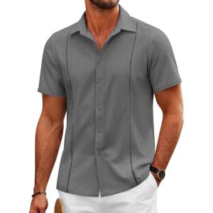 imageCOOFANDY Mens Cuban Guayabera Shirts Short Sleeve Button Down Shirt Lightweight Summer Beach ShirtsDark Grey