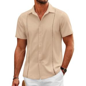 imageCOOFANDY Mens Cuban Guayabera Shirts Short Sleeve Button Down Shirt Lightweight Summer Beach ShirtsKhaki