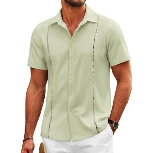 imageCOOFANDY Mens Cuban Guayabera Shirts Short Sleeve Button Down Shirt Lightweight Summer Beach ShirtsLight Green