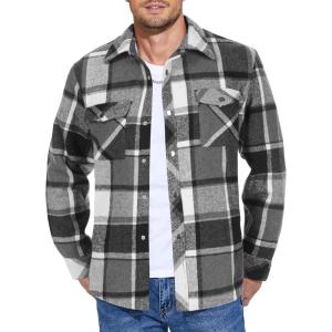 imageCOOFANDY Mens Flannel Shirt Jacket Casual Button Down Plaid Shirt Jackets Warm Lined Sherpa Shacket with PocketsBlack White