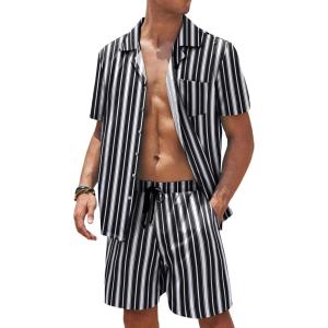 imageCOOFANDY Mens Hawaiian Shirt and Shorts Set 2 Piece Vacation Outfits Floral Button Down ShirtBlack