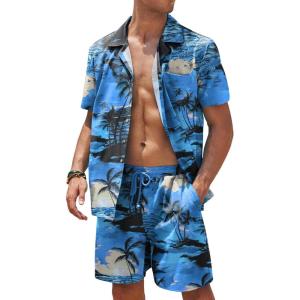 imageCOOFANDY Mens Hawaiian Shirt and Shorts Set 2 Piece Vacation Outfits Floral Button Down ShirtCyan Blue