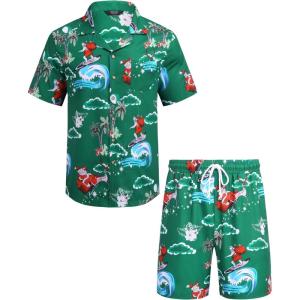 imageCOOFANDY Mens Hawaiian Shirt and Shorts Set 2 Piece Vacation Outfits Floral Button Down ShirtGreen Santa