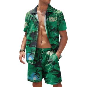 imageCOOFANDY Mens Hawaiian Shirt and Shorts Set 2 Piece Vacation Outfits Floral Button Down ShirtMulticolorgreen