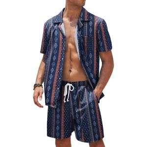 imageCOOFANDY Mens Hawaiian Shirt and Shorts Set 2 Piece Vacation Outfits Floral Button Down ShirtNavy