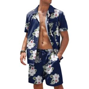imageCOOFANDY Mens Hawaiian Shirt and Shorts Set 2 Piece Vacation Outfits Floral Button Down ShirtNavy Blue
