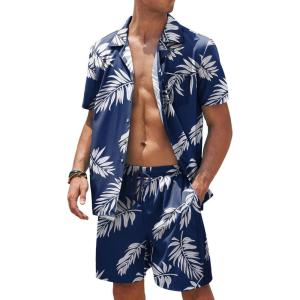 imageCOOFANDY Mens Hawaiian Shirt and Shorts Set 2 Piece Vacation Outfits Floral Button Down ShirtPalm Leaf