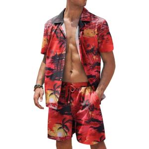 imageCOOFANDY Mens Hawaiian Shirt and Shorts Set 2 Piece Vacation Outfits Floral Button Down ShirtRed