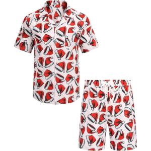 imageCOOFANDY Mens Hawaiian Shirt and Shorts Set 2 Piece Vacation Outfits Floral Button Down ShirtSanta Hat