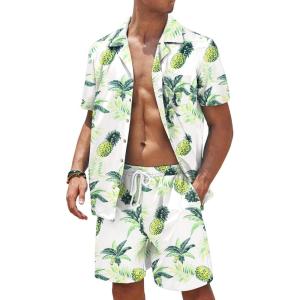 imageCOOFANDY Mens Hawaiian Shirt and Shorts Set 2 Piece Vacation Outfits Floral Button Down ShirtWhitegreen