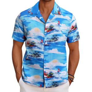 imageCOOFANDY Mens Hawaiian Short Sleeve Shirt Casual Button Down Summer Beach Vacation Shirt Tropical Floral Aloha ShirtsCoconut Treeblue