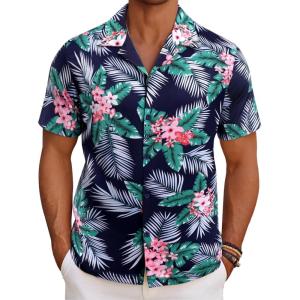 imageCOOFANDY Mens Hawaiian Short Sleeve Shirt Casual Button Down Summer Beach Vacation Shirt Tropical Floral Aloha ShirtsFlower Leavesblack