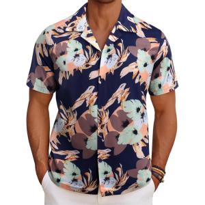 imageCOOFANDY Mens Hawaiian Short Sleeve Shirt Casual Button Down Summer Beach Vacation Shirt Tropical Floral Aloha ShirtsHawaiian Plantsnavy Blazer