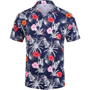 imageCOOFANDY Mens Hawaiian Short Sleeve Shirt Casual Button Down Summer Beach Vacation Shirt Tropical Floral Aloha ShirtsHibiscus Leavesblue