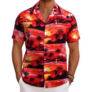 imageCOOFANDY Mens Hawaiian Short Sleeve Shirt Casual Button Down Summer Beach Vacation Shirt Tropical Floral Aloha ShirtsSunset Palm Treered