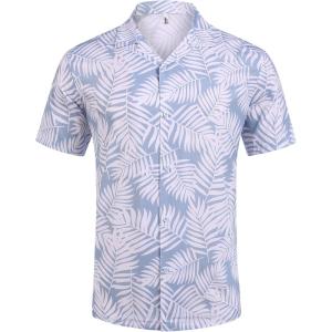 imageCOOFANDY Mens Hawaiian Short Sleeve Shirt Casual Button Down Summer Beach Vacation Shirt Tropical Floral Aloha ShirtsWhite Leavesblue