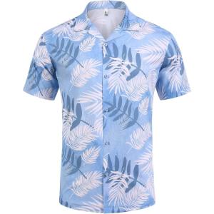 imageCOOFANDY Mens Hawaiian Short Sleeve Shirt Casual Button Down Summer Beach Vacation Shirt Tropical Floral Aloha ShirtsWhite Leavesblue Print