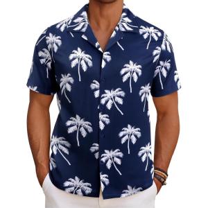 imageCOOFANDY Mens Hawaiian Short Sleeve Shirt Casual Button Down Summer Beach Vacation Shirt Tropical Floral Aloha ShirtsWhite Palm Leafblue