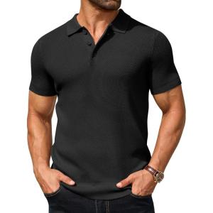 imageCOOFANDY Mens Knit Polo Shirts Short Sleeve Textured Golf Shirt Fashion Casual Collared Pullover TShirtsBlack