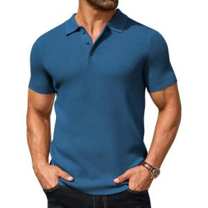 imageCOOFANDY Mens Knit Polo Shirts Short Sleeve Textured Golf Shirt Fashion Casual Collared Pullover TShirtsDark Blue