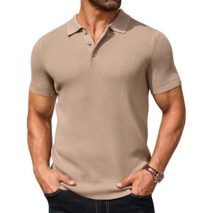 imageCOOFANDY Mens Knit Polo Shirts Short Sleeve Textured Golf Shirt Fashion Casual Collared Pullover TShirtsKhaki