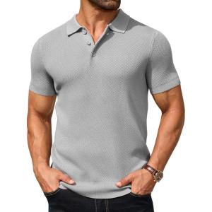 imageCOOFANDY Mens Knit Polo Shirts Short Sleeve Textured Golf Shirt Fashion Casual Collared Pullover TShirtsLight Grey