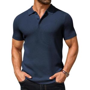 imageCOOFANDY Mens Knit Polo Shirts Short Sleeve Textured Golf Shirt Fashion Casual Collared Pullover TShirtsNavy Blue