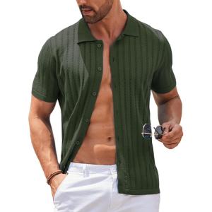 imageCOOFANDY Mens Knit Shirts Short Sleeve Button Down Polo Shirt Vintage Casual Summer Beach ShirtsArmy Green